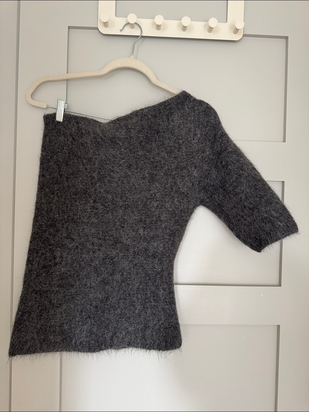 Zara Charcoal Off-the-Shoulder Fuzzy Short-Sleeve Sweater